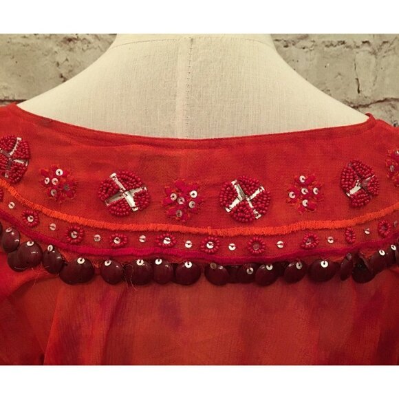 Chico's 0 Short Sleeve Silk Chiffon Top Embellished Cinch Tie Waist Orange - Picture 4 of 4